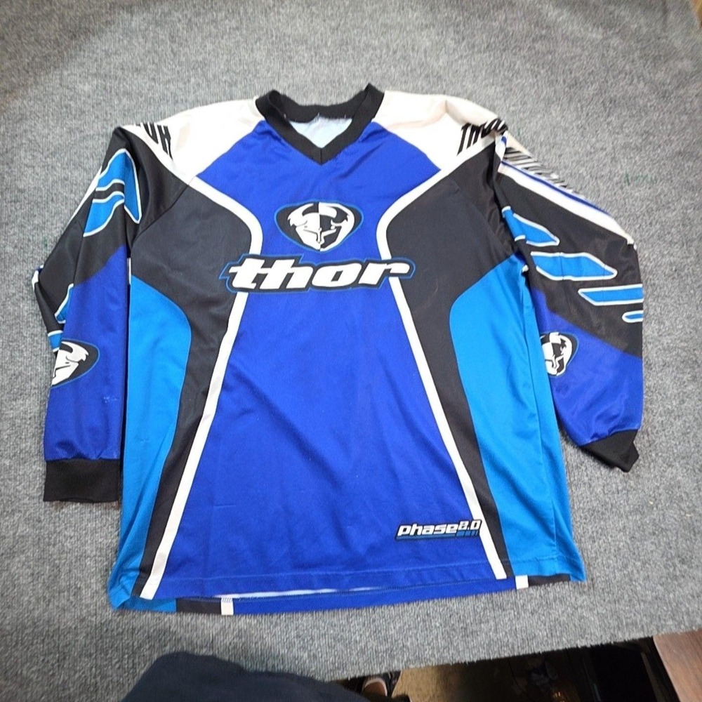 Thor Jersey Shirt Mens 2XL Blue Racing Motocross V Neck Long Sleeve Phase 5.0